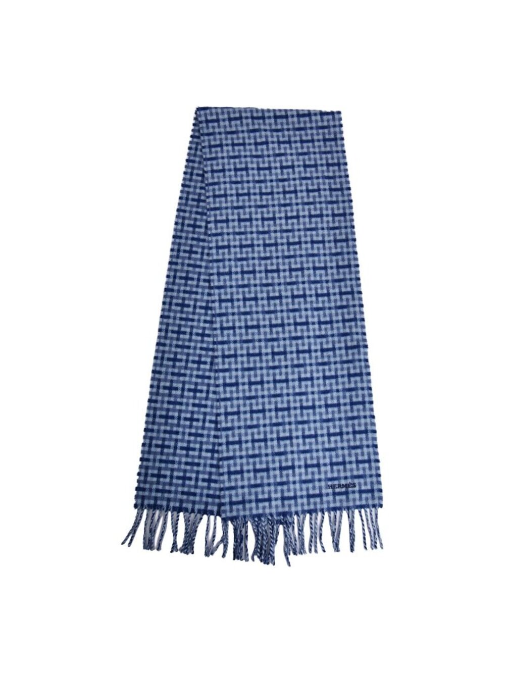 Hermes Scarf Shawl Fringe Check Cashmere Blue